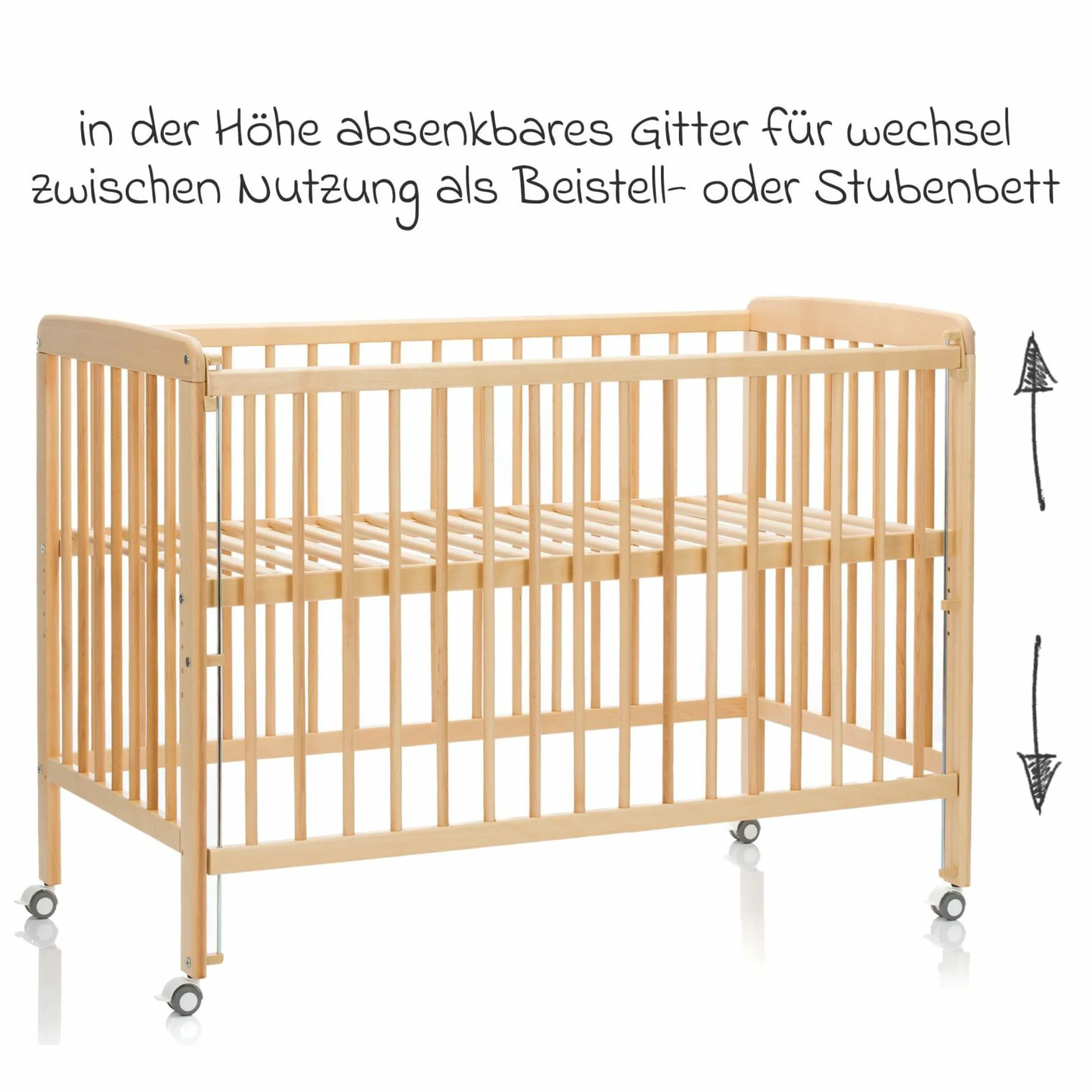 Beistellgitterbett Nena aus massivem Buchenholz mit 4 feststellbaren Rollen 60 x 120 cm - Natur