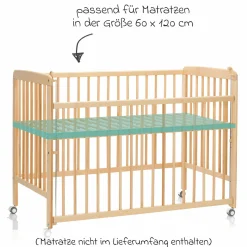 Beistellgitterbett Nena aus massivem Buchenholz mit 4 feststellbaren Rollen 60 x 120 cm - Natur