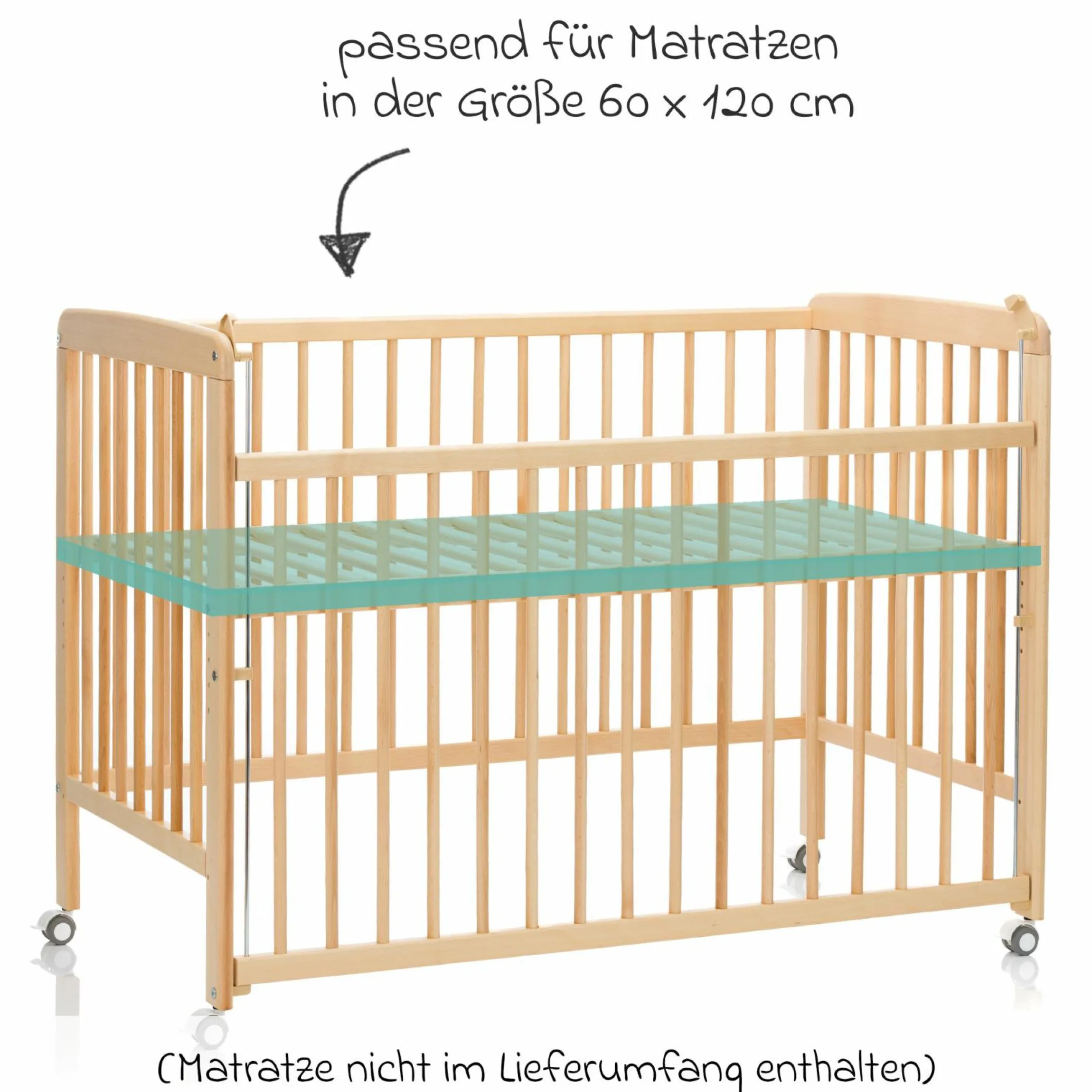 Beistellgitterbett Nena aus massivem Buchenholz mit 4 feststellbaren Rollen 60 x 120 cm - Natur