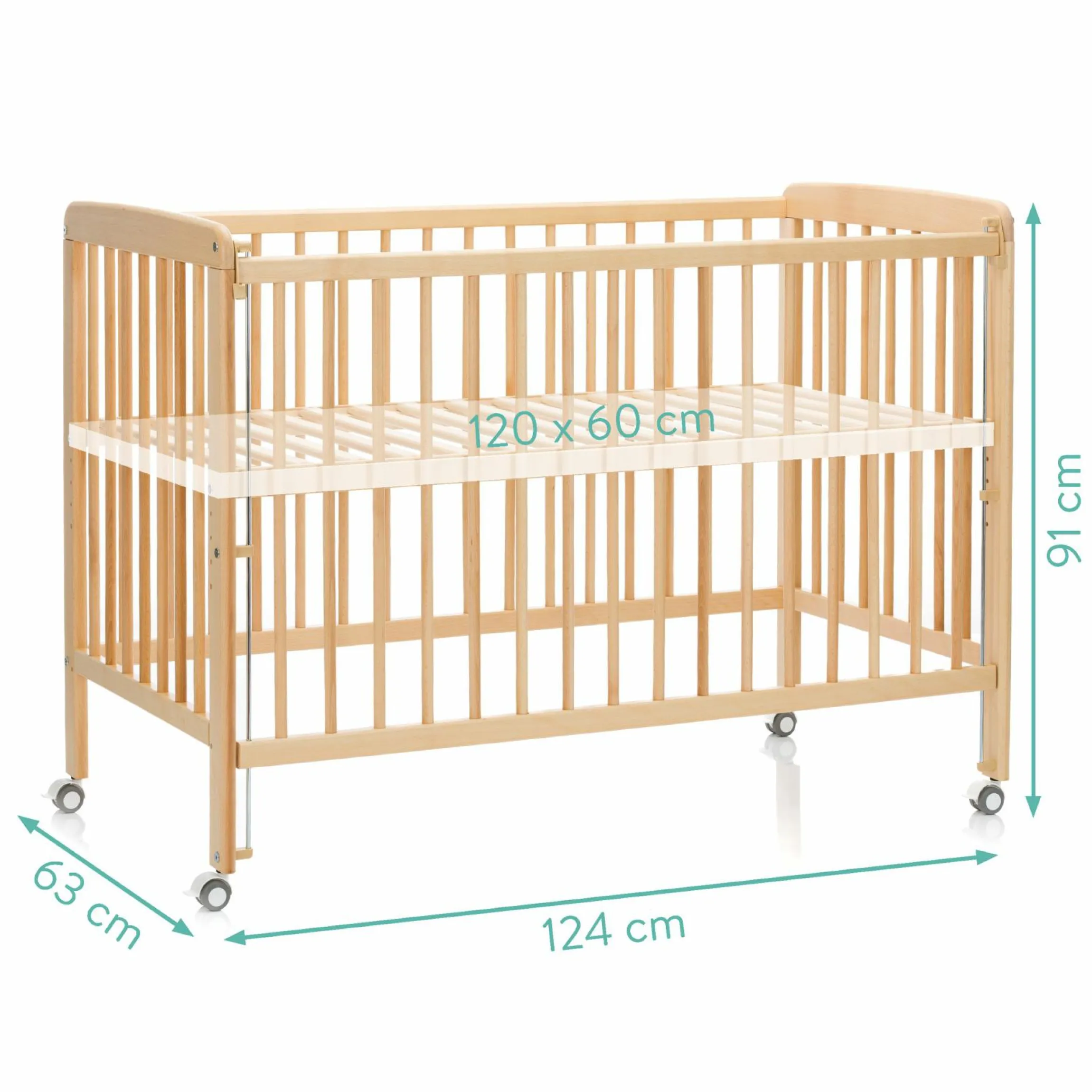 Beistellgitterbett Nena aus massivem Buchenholz mit 4 feststellbaren Rollen 60 x 120 cm - Natur