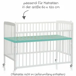 Beistellgitterbett Nena aus massivem Buchenholz mit 4 feststellbaren Rollen 60 x 120 cm - Weiß