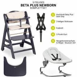 Beta Plus Dark Grey 5-tlg. Newborn Set - Hochstuhl + 2in1 Neugeborenen-Aufsatz & Wippe Premium + Essbrett + Sitzkissen - Light Grey