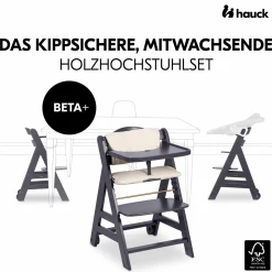 Beta Plus Dark Grey 5-tlg. Newborn Set - Hochstuhl + 2in1 Neugeborenen-Aufsatz & Wippe Premium + Essbrett + Sitzkissen - Light Grey