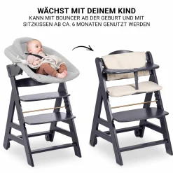 Beta Plus Dark Grey 5-tlg. Newborn Set - Hochstuhl + 2in1 Neugeborenen-Aufsatz & Wippe Premium + Essbrett + Sitzkissen - Light Grey