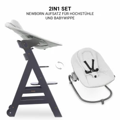 Beta Plus Dark Grey 5-tlg. Newborn Set - Hochstuhl + 2in1 Neugeborenen-Aufsatz & Wippe Premium + Essbrett + Sitzkissen - Light Grey