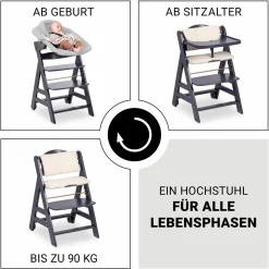 Beta Plus Dark Grey 5-tlg. Newborn Set - Hochstuhl + 2in1 Neugeborenen-Aufsatz & Wippe Premium + Essbrett + Sitzkissen - Light Grey
