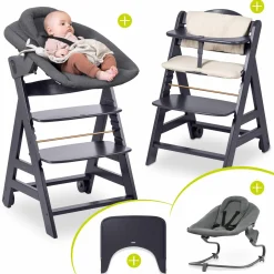 Beta Plus Dark Grey 5-tlg. Newborn Set - Hochstuhl + 2in1 Neugeborenen-Aufsatz & Wippe Premium, Essbrett, Sitzkissen - Dark Grey