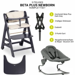 Beta Plus Dark Grey 5-tlg. Newborn Set - Hochstuhl + 2in1 Neugeborenen-Aufsatz & Wippe Premium, Essbrett, Sitzkissen - Dark Grey
