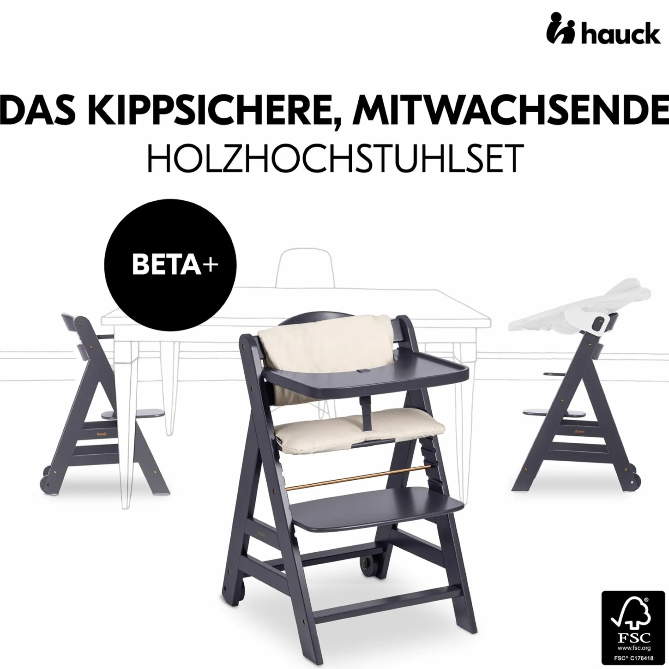 Beta Plus Dark Grey 5-tlg. Newborn Set - Hochstuhl + 2in1 Neugeborenen-Aufsatz & Wippe Premium, Essbrett, Sitzkissen - Dark Grey