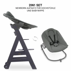 Beta Plus Dark Grey 5-tlg. Newborn Set - Hochstuhl + 2in1 Neugeborenen-Aufsatz & Wippe Premium, Essbrett, Sitzkissen - Dark Grey