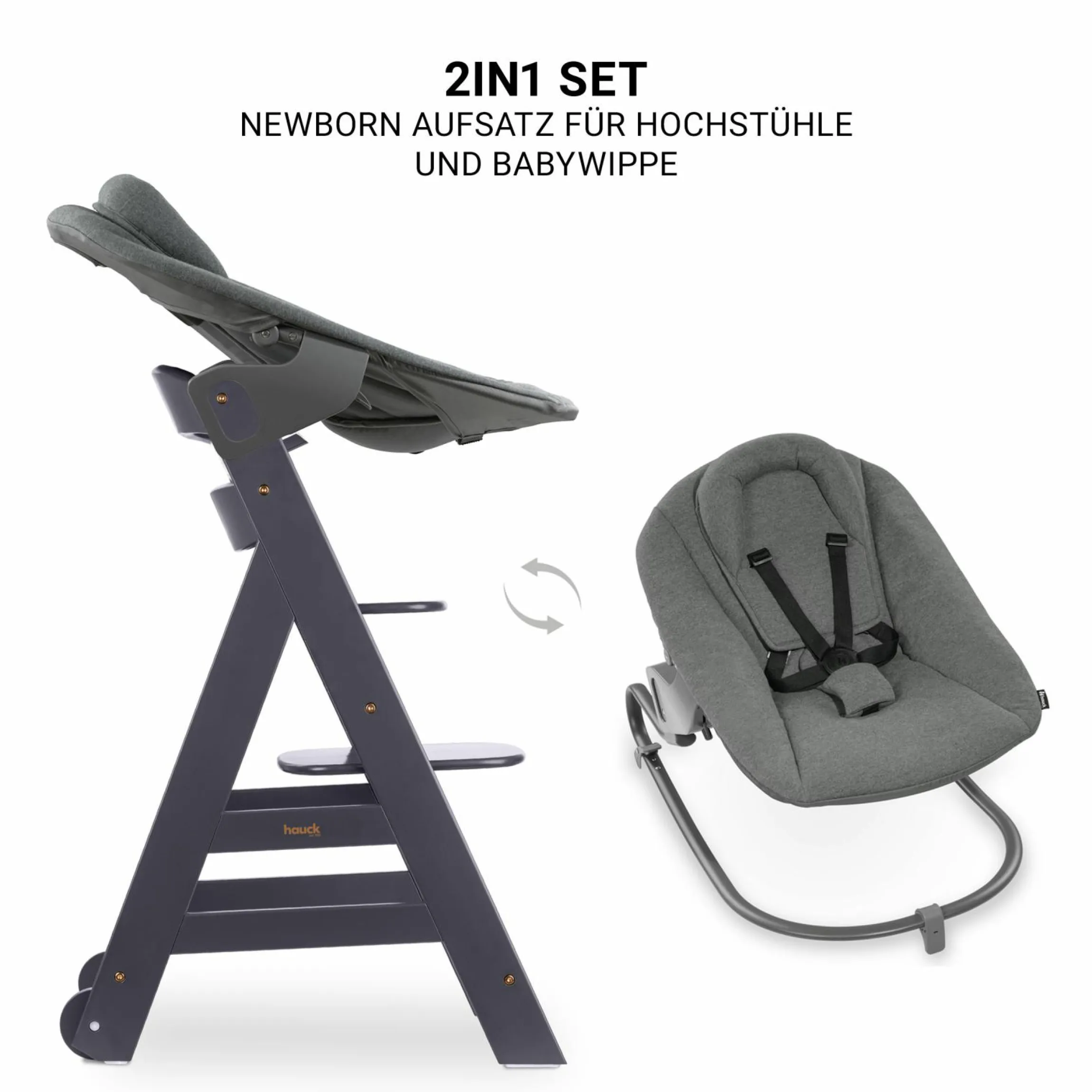 Beta Plus Dark Grey 5-tlg. Newborn Set - Hochstuhl + 2in1 Neugeborenen-Aufsatz & Wippe Premium, Essbrett, Sitzkissen - Dark Grey