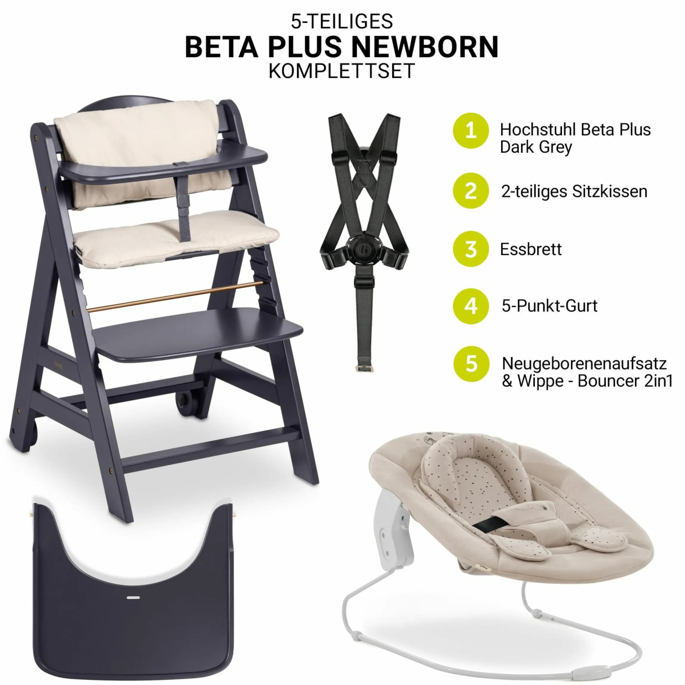 Beta Plus Dark Grey 5-tlg. Newborn Set - Hochstuhl + 2in1 Neugeborenen-Aufsatz & Wippe + Essbrett + Sitzkissen - Disney - Winnie the Pooh Beige