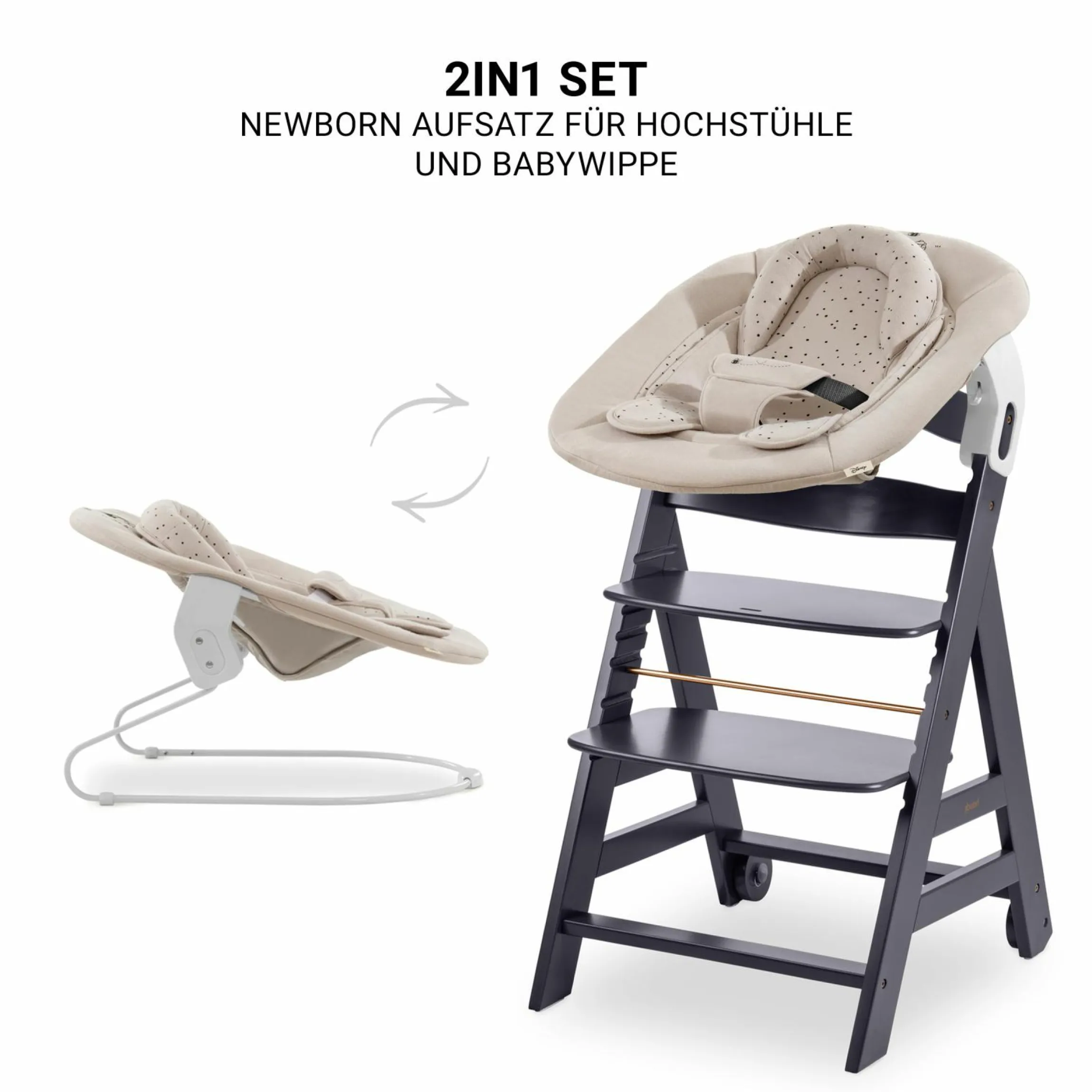 Beta Plus Dark Grey 5-tlg. Newborn Set - Hochstuhl + 2in1 Neugeborenen-Aufsatz & Wippe + Essbrett + Sitzkissen - Disney - Winnie the Pooh Beige