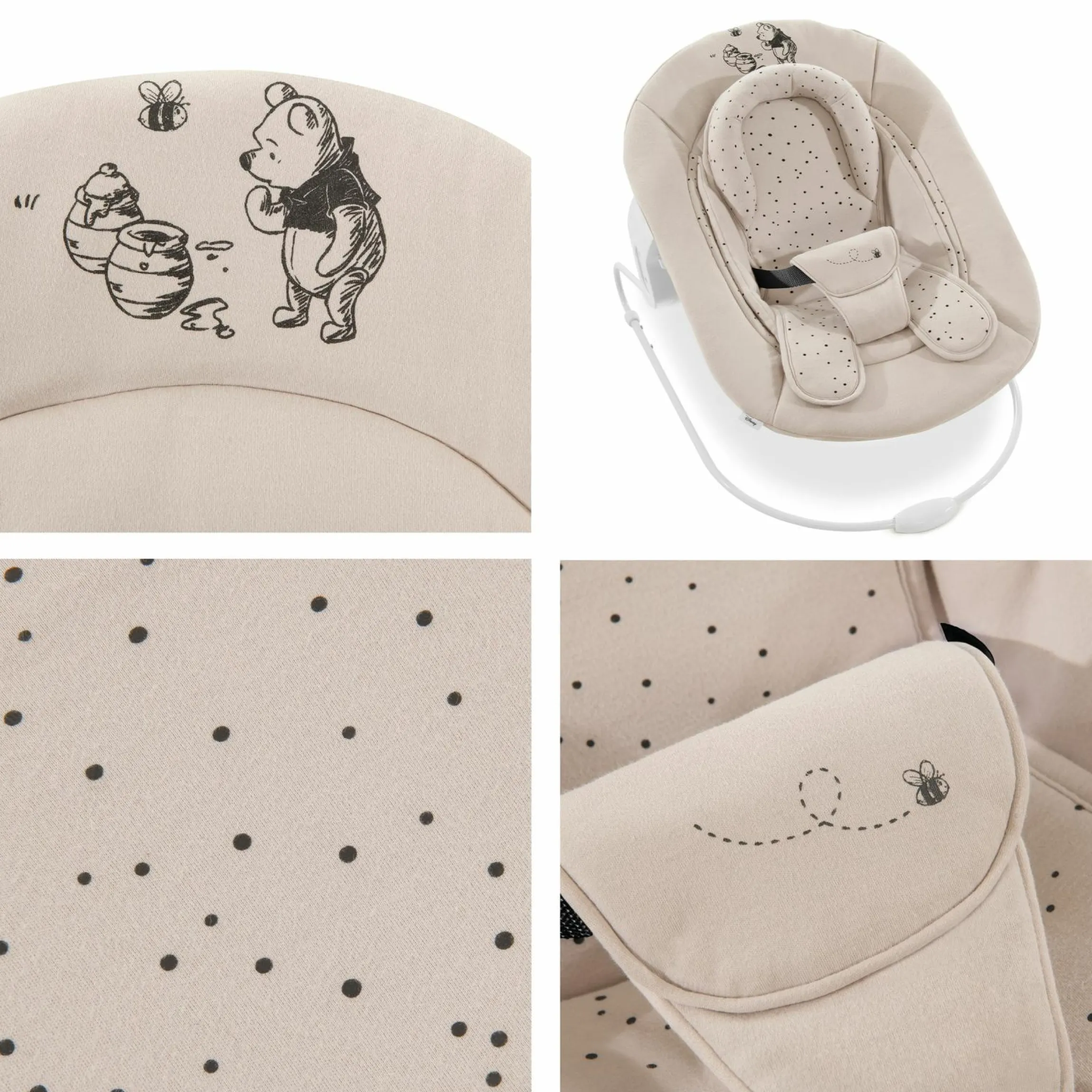 Beta Plus Dark Grey 5-tlg. Newborn Set - Hochstuhl + 2in1 Neugeborenen-Aufsatz & Wippe + Essbrett + Sitzkissen - Disney - Winnie the Pooh Beige