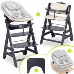 Beta Plus Dark Grey 5-tlg. Newbornset - Hochstuhl + 2in1 Babyaufsatz & Wippe Eco, Essbrett, Sitzkissen - Light Grey