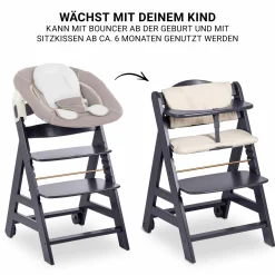 Beta Plus Dark Grey 5-tlg. Newborn Set - Hochstuhl + 2in1 Neugeborenen-Aufsatz & Wippe, Essbrett, Sitzkissen - Stretch Beige