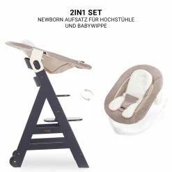 Beta Plus Dark Grey 5-tlg. Newborn Set - Hochstuhl + 2in1 Neugeborenen-Aufsatz & Wippe, Essbrett, Sitzkissen - Stretch Beige