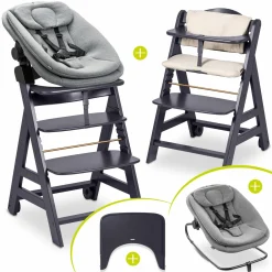 Beta Plus Dark Grey 5-tlg. Newbornset - Hochstuhl + 2in1 Babyaufsatz & Wippe, Essbrett, Sitzkissen - Dark Grey Melange