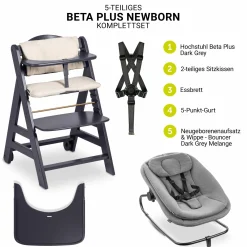 Beta Plus Dark Grey 5-tlg. Newbornset - Hochstuhl + 2in1 Babyaufsatz & Wippe, Essbrett, Sitzkissen - Dark Grey Melange