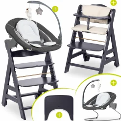 Beta Plus Dark Grey 5-tlg. Newborn Set - Hochstuhl + 2in1 Neugeborenen-Aufsatz & Wippe Deluxe, Essbrett, Sitzkissen - Melange Grey