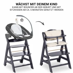 Beta Plus Dark Grey 5-tlg. Newborn Set - Hochstuhl + 2in1 Neugeborenen-Aufsatz & Wippe Deluxe, Essbrett, Sitzkissen - Melange Grey