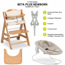 Beta Plus Natural 5-tlg. Newborn Set - Hochstuhl + 2in1 Neugeborenen-Aufsatz & Wippe + Essbrett + Sitzkissen - Disney Winnie the Pooh - Beige