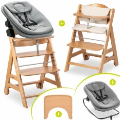 Beta Plus Natural 5-tlg. Newbornset - Hochstuhl + 2in1 Babyaufsatz & Wippe, Essbrett, Sitzkissen - Dark Grey Melange