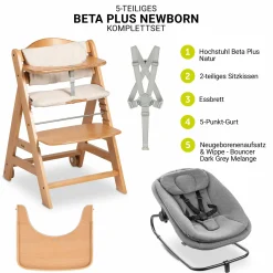 Beta Plus Natural 5-tlg. Newbornset - Hochstuhl + 2in1 Babyaufsatz & Wippe, Essbrett, Sitzkissen - Dark Grey Melange
