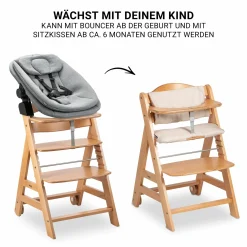 Beta Plus Natural 5-tlg. Newbornset - Hochstuhl + 2in1 Babyaufsatz & Wippe, Essbrett, Sitzkissen - Dark Grey Melange