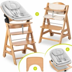 Beta Plus Natural 5-tlg. Newbornset - Hochstuhl + 2in1 Babyaufsatz & Wippe Eco, Essbrett, Sitzkissen - Light Grey