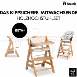 Beta Plus Natural 5-tlg. Newbornset - Hochstuhl + 2in1 Babyaufsatz & Wippe Eco, Essbrett, Sitzkissen - Light Grey