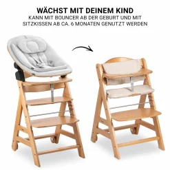 Beta Plus Natural 5-tlg. Newbornset - Hochstuhl + 2in1 Babyaufsatz & Wippe Eco, Essbrett, Sitzkissen - Light Grey