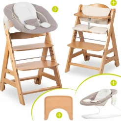 Beta Plus Natural 5-tlg. Newborn-Set - Hochstuhl + 2in1 Neugeborenen-Aufsatz & Wippe + Essbrett + Sitzpolster - Stretch Beige
