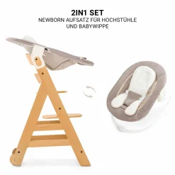 Beta Plus Natural 5-tlg. Newborn-Set - Hochstuhl + 2in1 Neugeborenen-Aufsatz & Wippe + Essbrett + Sitzpolster - Stretch Beige