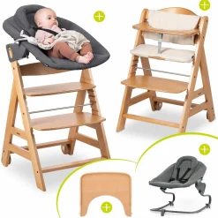 Beta Plus Natural 5-tlg. Newborn Set - Hochstuhl + 2in1 Neugeborenen-Aufsatz & Wippe Premium, Essbrett, Sitzkissen - Dark Grey