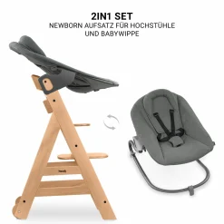 Beta Plus Natural 5-tlg. Newborn Set - Hochstuhl + 2in1 Neugeborenen-Aufsatz & Wippe Premium, Essbrett, Sitzkissen - Dark Grey