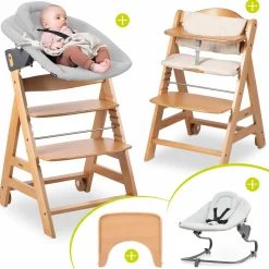 Beta Plus Natural 5-tlg. Newborn Set - Hochstuhl + 2in1 Neugeborenen-Aufsatz & Wippe Premium + Essbrett + Sitzkissen - Light Grey