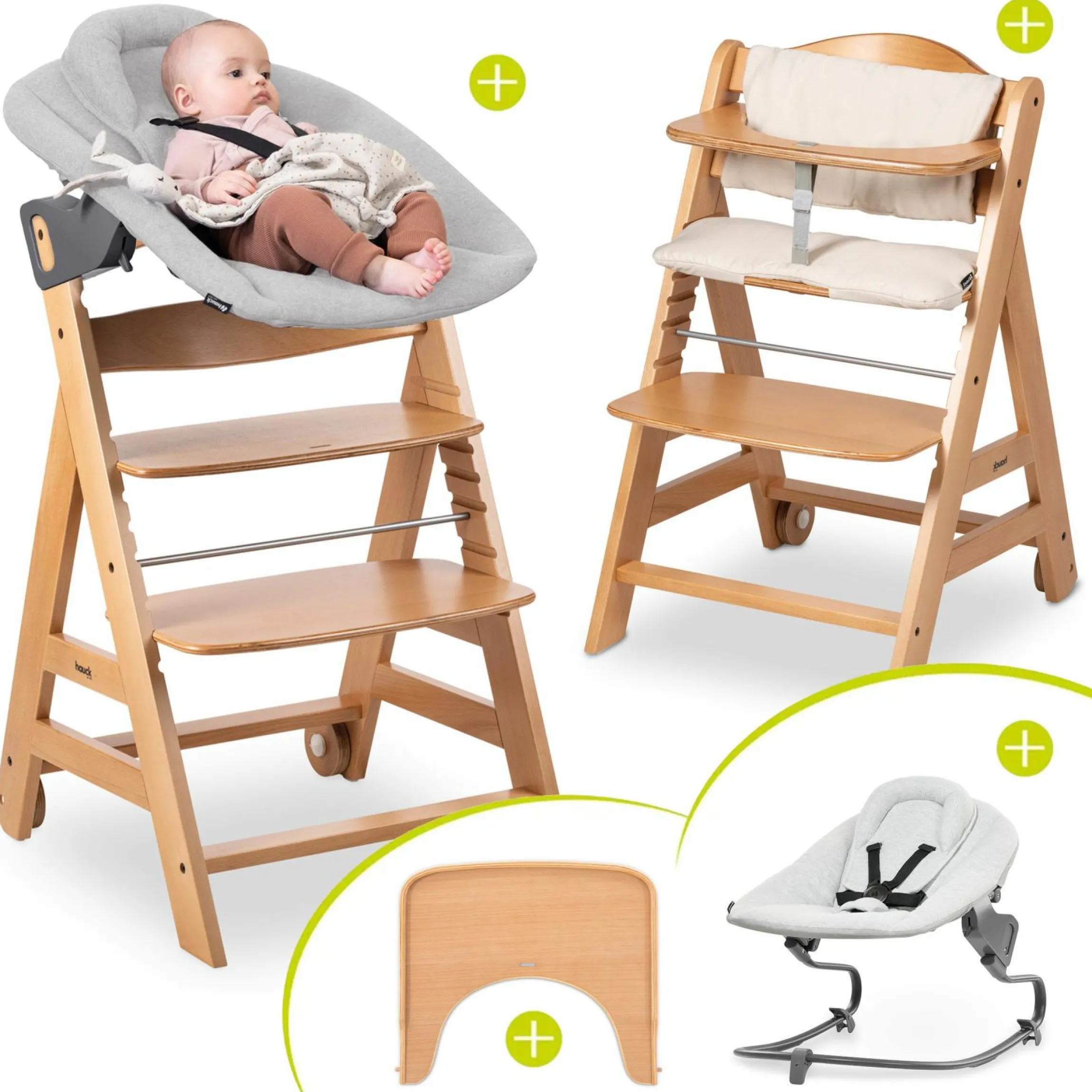 Beta Plus Natural 5-tlg. Newborn Set - Hochstuhl + 2in1 Neugeborenen-Aufsatz & Wippe Premium + Essbrett + Sitzkissen - Light Grey