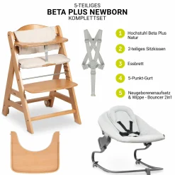 Beta Plus Natural 5-tlg. Newborn Set - Hochstuhl + 2in1 Neugeborenen-Aufsatz & Wippe Premium + Essbrett + Sitzkissen - Light Grey