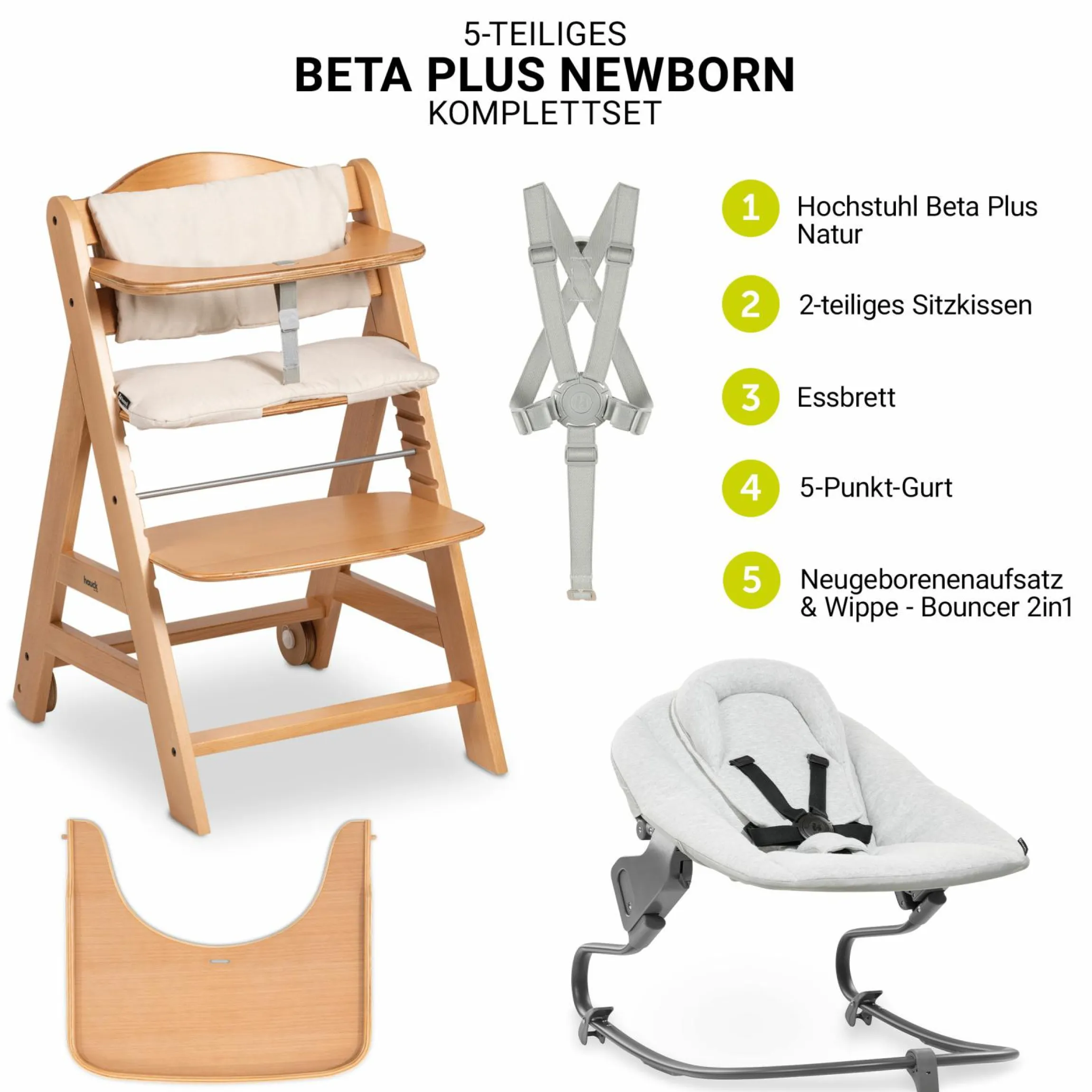 Beta Plus Natural 5-tlg. Newborn Set - Hochstuhl + 2in1 Neugeborenen-Aufsatz & Wippe Premium + Essbrett + Sitzkissen - Light Grey
