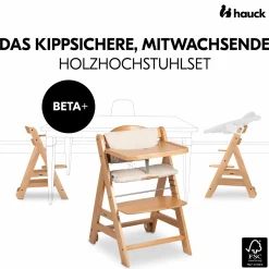 Beta Plus Natural 5-tlg. Newborn Set - Hochstuhl + 2in1 Neugeborenen-Aufsatz & Wippe Premium + Essbrett + Sitzkissen - Light Grey