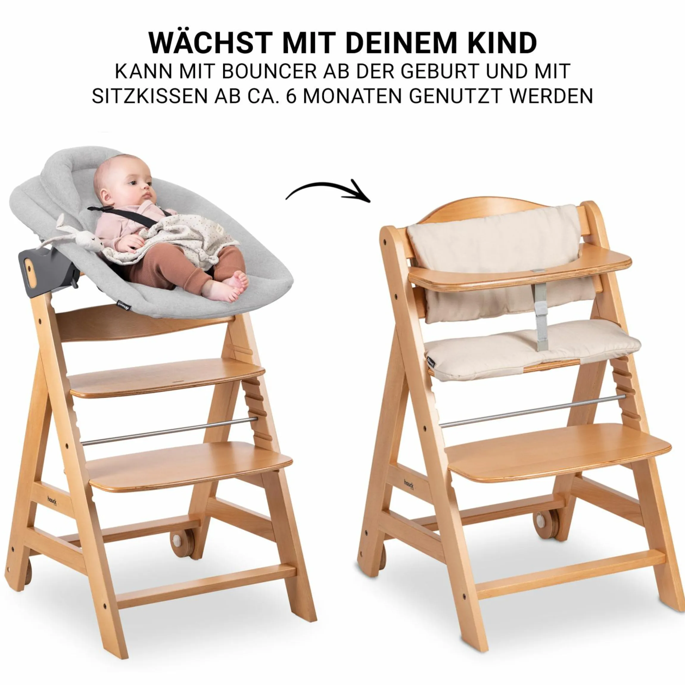 Beta Plus Natural 5-tlg. Newborn Set - Hochstuhl + 2in1 Neugeborenen-Aufsatz & Wippe Premium + Essbrett + Sitzkissen - Light Grey