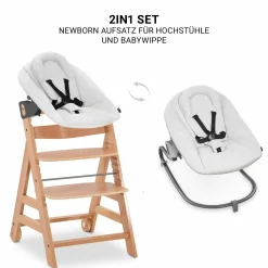 Beta Plus Natural 5-tlg. Newborn Set - Hochstuhl + 2in1 Neugeborenen-Aufsatz & Wippe Premium + Essbrett + Sitzkissen - Light Grey