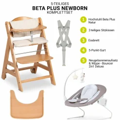 Beta Plus Natural 5-tlg. Newborn Set - Hochstuhl + 2in1 Neugeborenen-Aufsatz & Wippe Deluxe + Essbrett + Sitzpolster - Sand