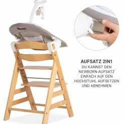 Beta Plus Natural 5-tlg. Newborn Set - Hochstuhl + 2in1 Neugeborenen-Aufsatz & Wippe Deluxe + Essbrett + Sitzpolster - Sand