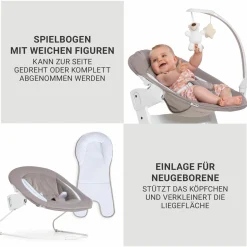 Beta Plus Natural 5-tlg. Newborn Set - Hochstuhl + 2in1 Neugeborenen-Aufsatz & Wippe Deluxe + Essbrett + Sitzpolster - Sand