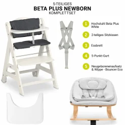 Beta Plus White 5-tlg. Newbornset - Hochstuhl + 2in1 Babyaufsatz & Wippe Eco, Essbrett, Sitzkissen - Light Grey