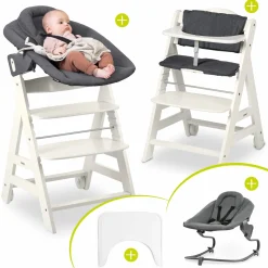 Beta Plus White 5-tlg. Newborn Set - Hochstuhl + 2in1 Neugeborenen-Aufsatz & Wippe Premium, Essbrett, Sitzkissen - Dark Grey