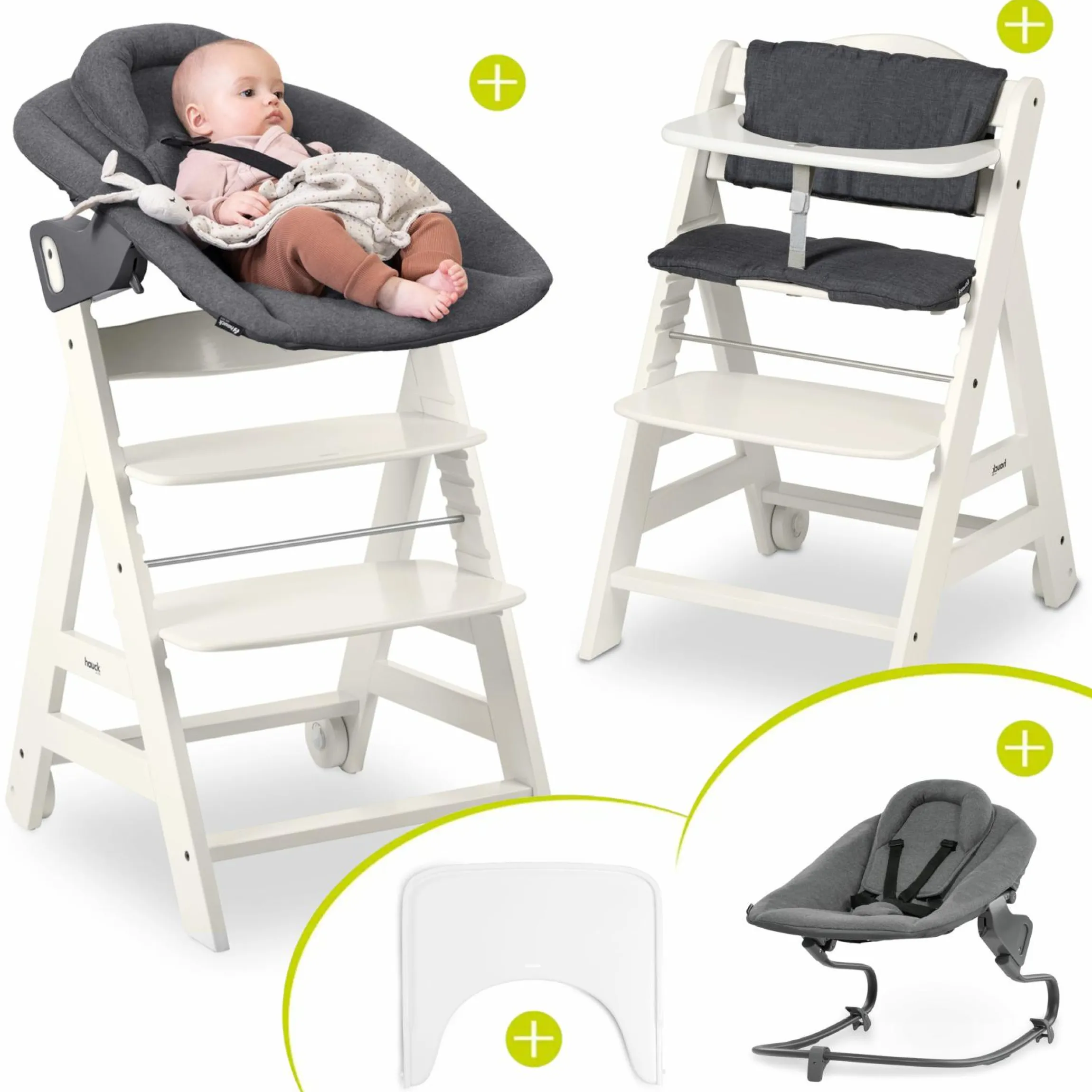 Beta Plus White 5-tlg. Newborn Set - Hochstuhl + 2in1 Neugeborenen-Aufsatz & Wippe Premium, Essbrett, Sitzkissen - Dark Grey