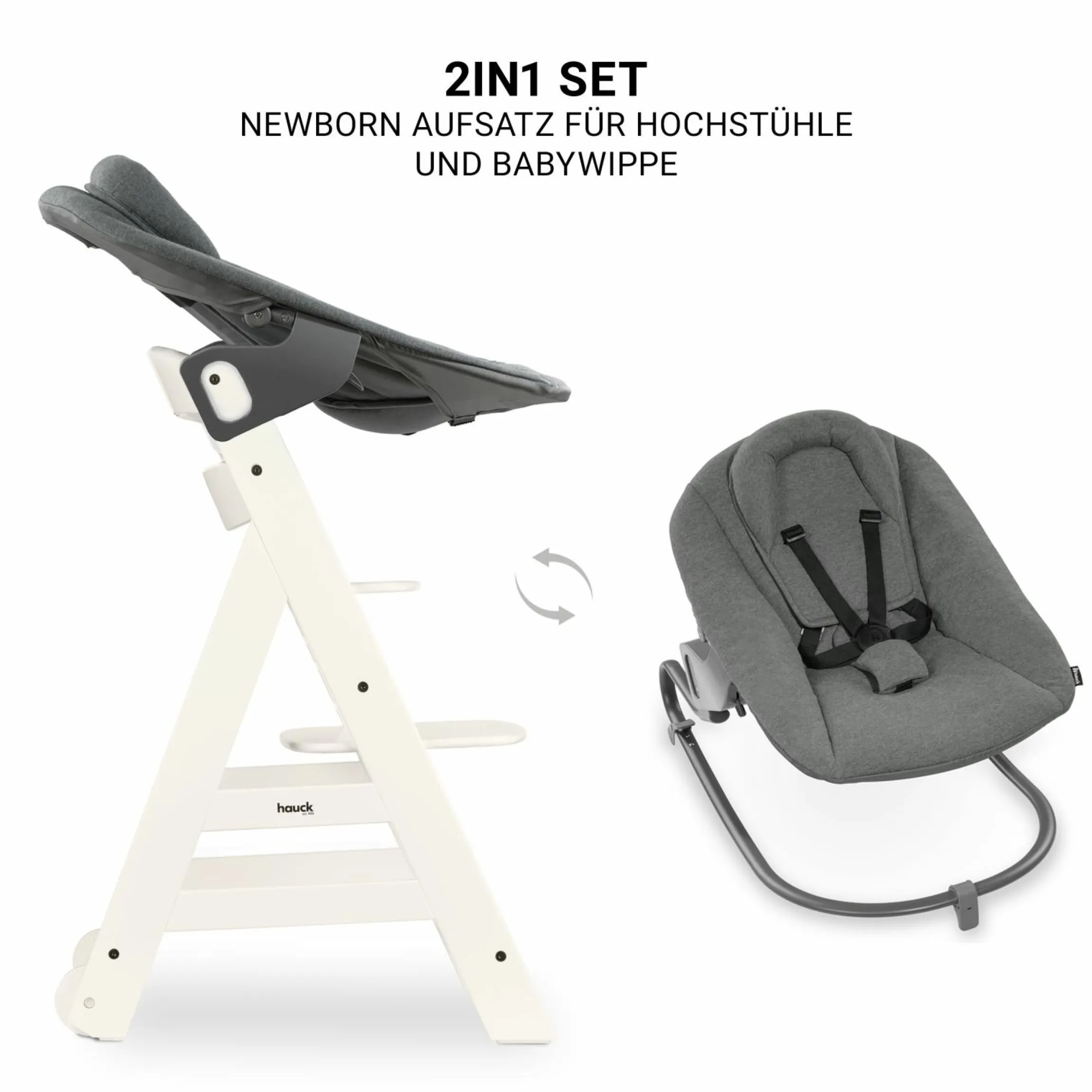 Beta Plus White 5-tlg. Newborn Set - Hochstuhl + 2in1 Neugeborenen-Aufsatz & Wippe Premium, Essbrett, Sitzkissen - Dark Grey